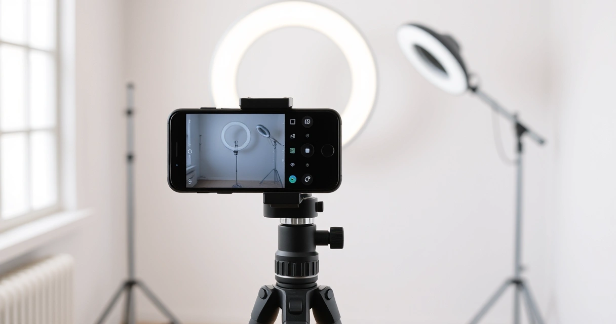 Celular em tripé e anel de luz num pequeno estúdio