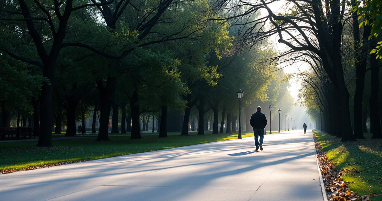 Pessoa caminhando por uma trilha de parque entre árvores