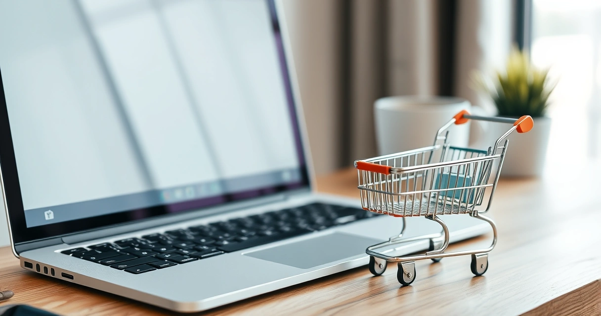 Carrinho de compras em miniatura ao lado de um notebook