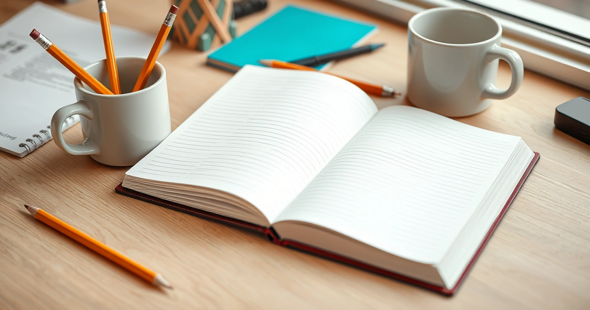Caderno aberto, lápis e uma caneca sobre a mesa de estudo