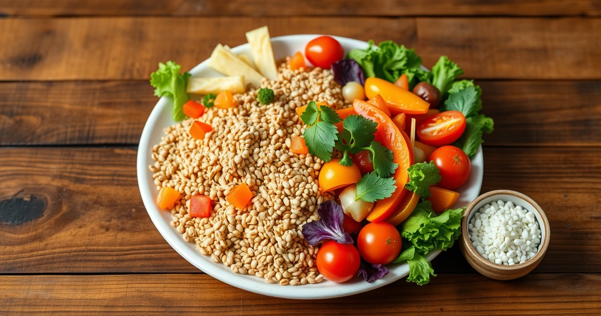 Prato com legumes coloridos e grãos sobre mesa de madeira