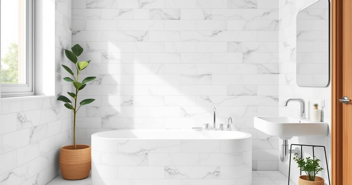Banheiro moderno e limpo, com azulejos e uma planta