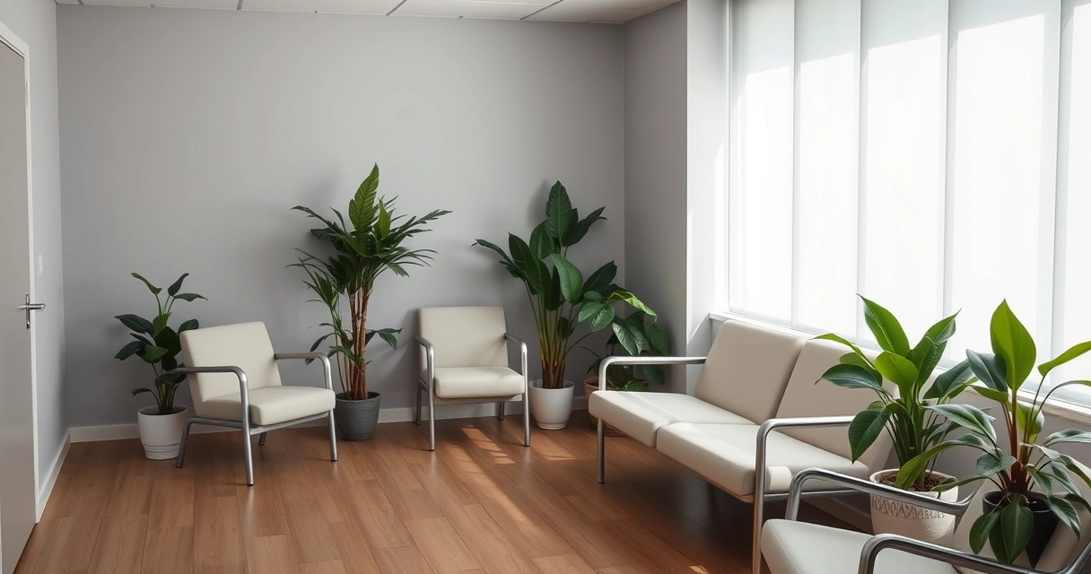 Sala de espera de consultório, com plantas e luz suave