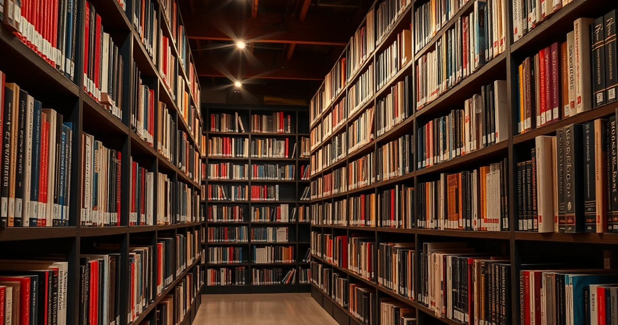 Estantes de biblioteca cheias de livros, com luz quente