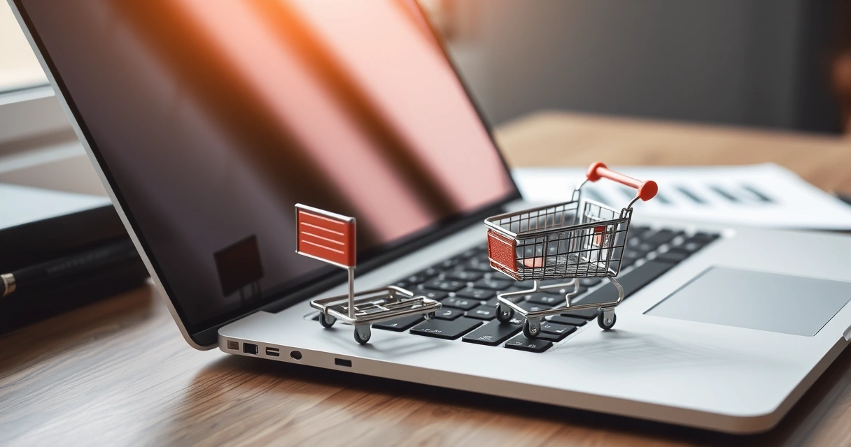 Carrinho de compras em miniatura ao lado de um notebook