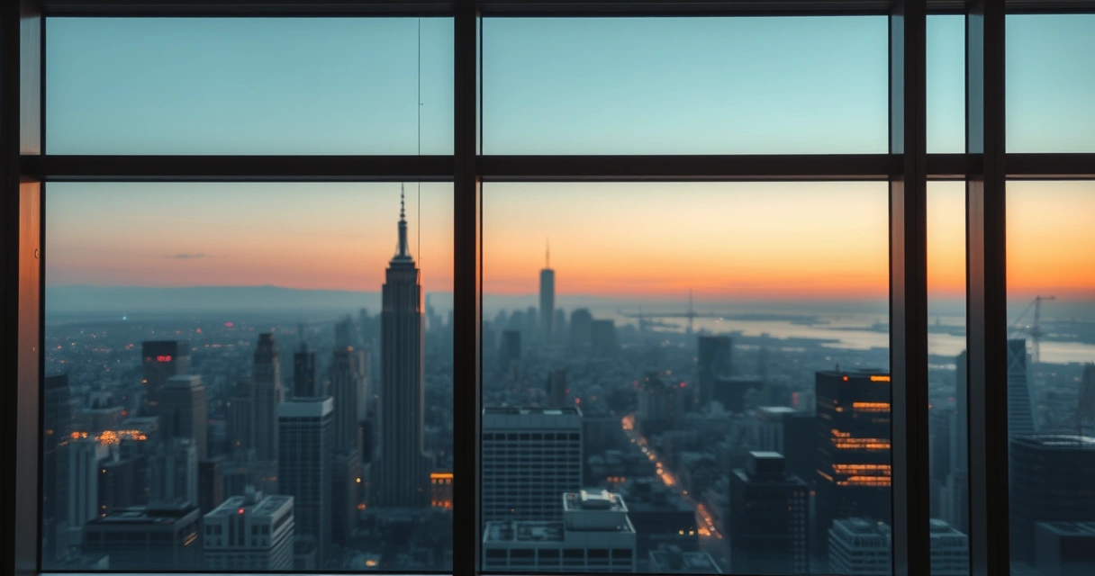Janela de escritório com vista para a cidade ao anoitecer