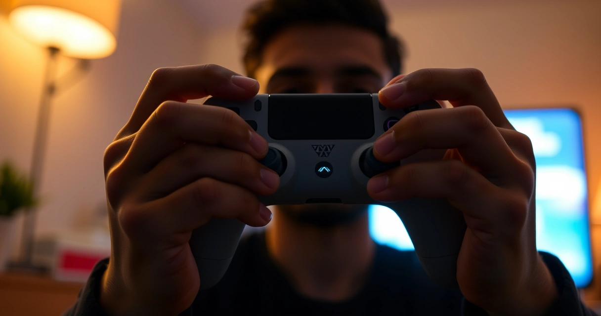 Mãos segurando um controle de videogame, com o brilho da tela ao fundo
