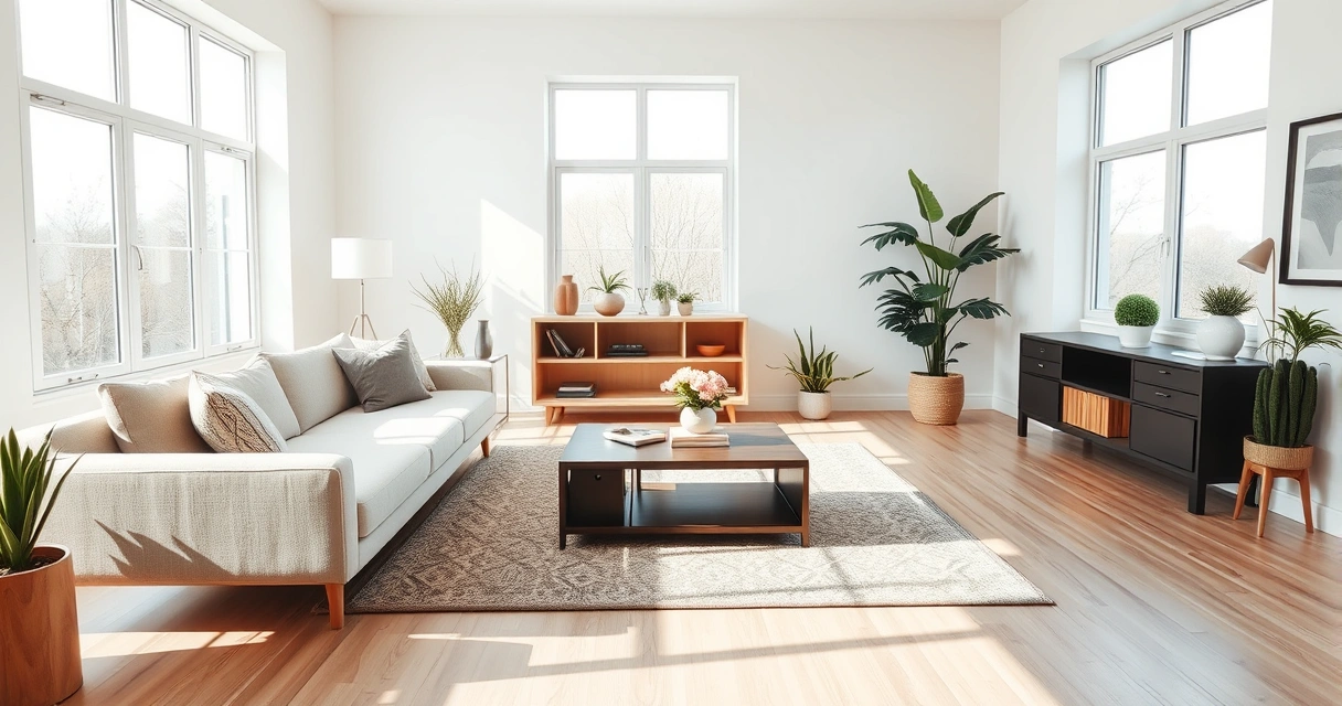 Sala clara com sofá, tapete e janelas amplas