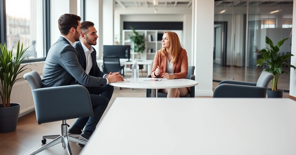 Três pessoas conversando ao redor de uma mesa num escritório claro