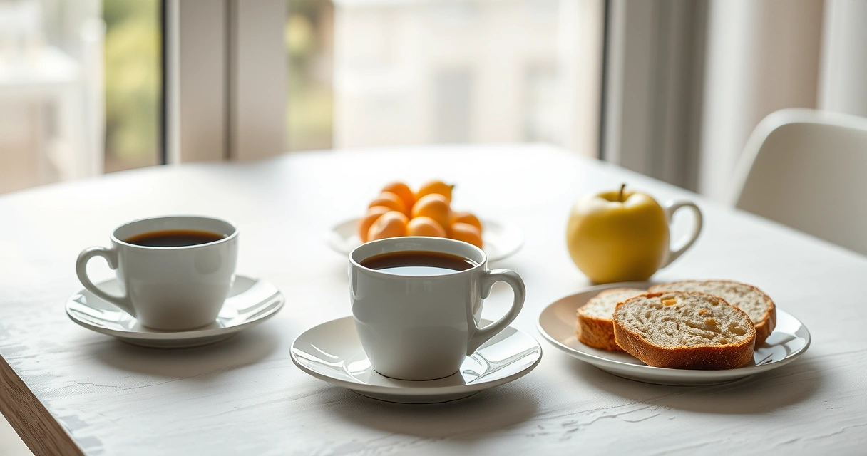 Mesa de café da manhã com café, pão e frutas, à luz da manhã
