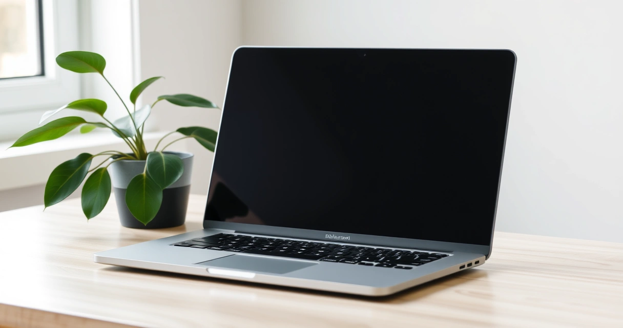 Notebook aberto sobre a mesa, com uma planta ao lado