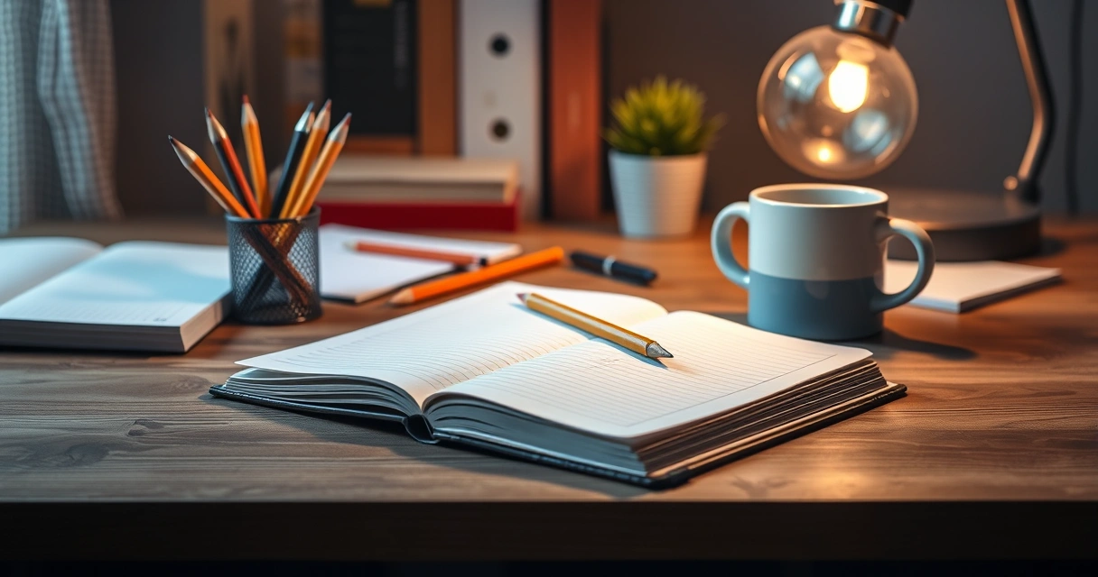 Caderno aberto, lápis e uma caneca sobre a mesa de estudo