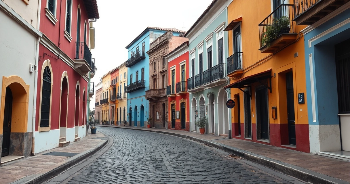 Rua colonial com fachadas coloridas e calçamento de pedra