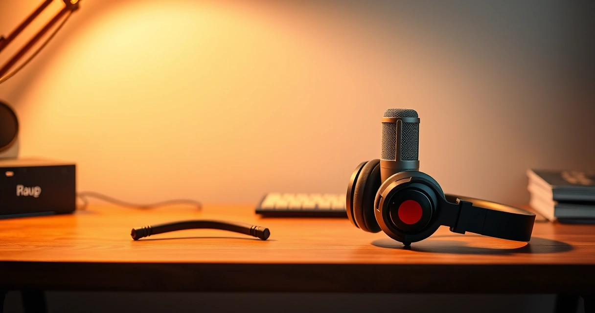 Microfone de podcast e fones de ouvido sobre a mesa