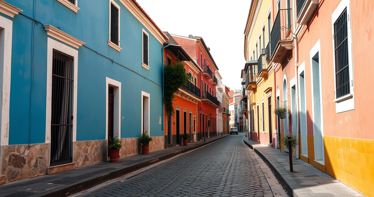 Rua colonial com fachadas coloridas e calçamento de pedra