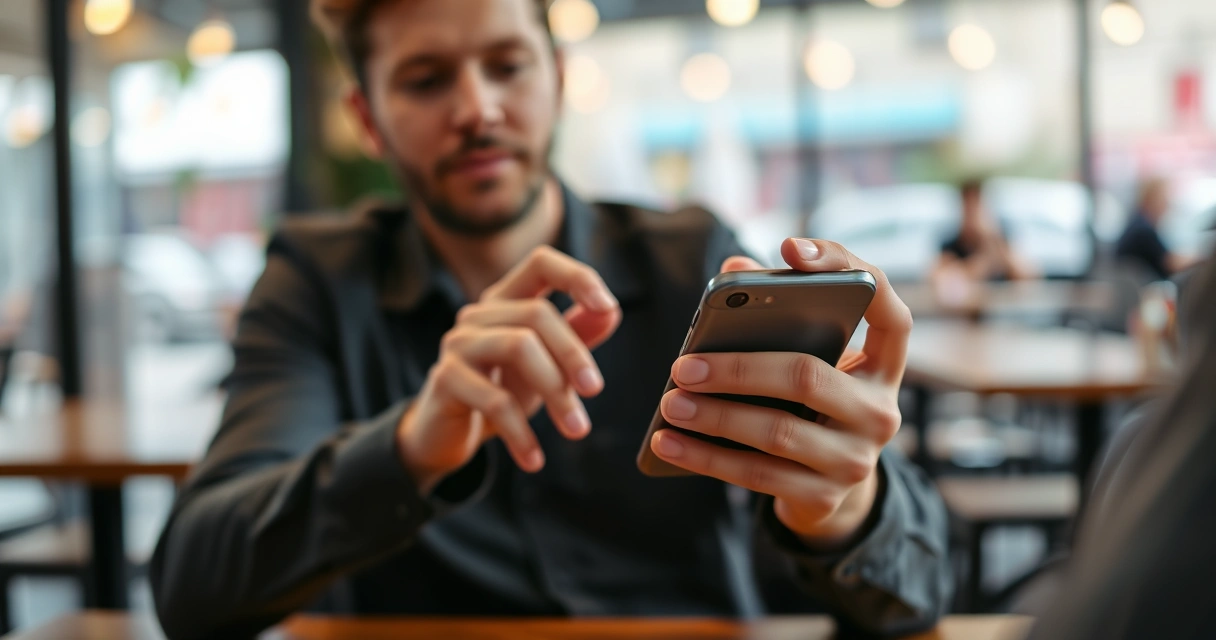 Pessoa segurando um celular na mesa de uma cafeteria
