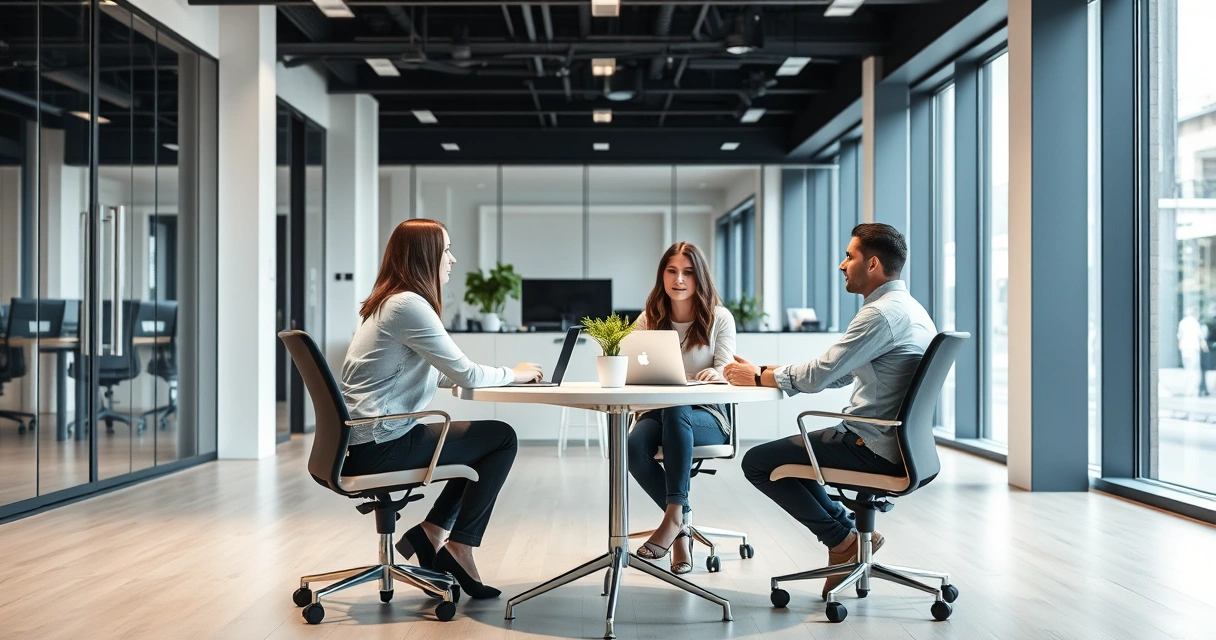 Três pessoas conversando ao redor de uma mesa num escritório claro