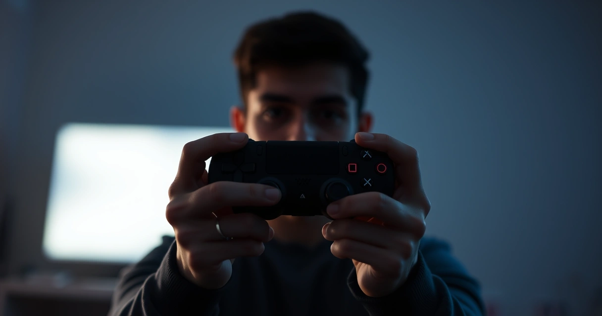Mãos segurando um controle de videogame, com o brilho da tela ao fundo