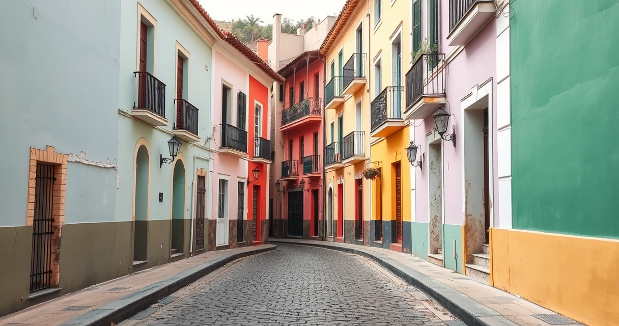 Rua colonial com fachadas coloridas e calçamento de pedra
