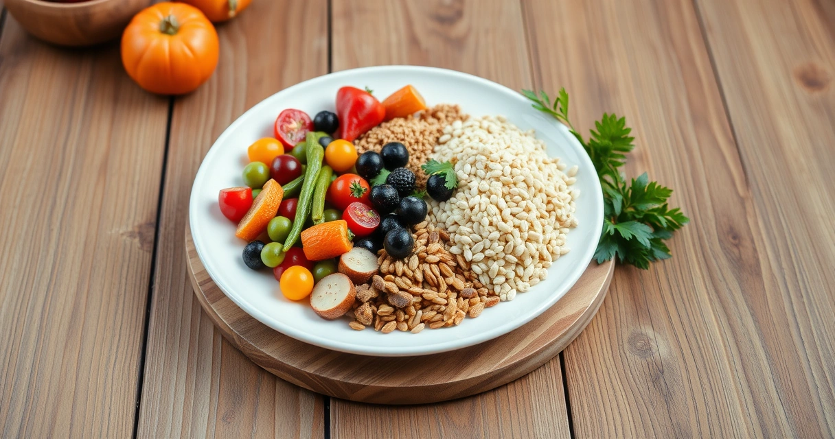 Prato com legumes coloridos e grãos sobre mesa de madeira