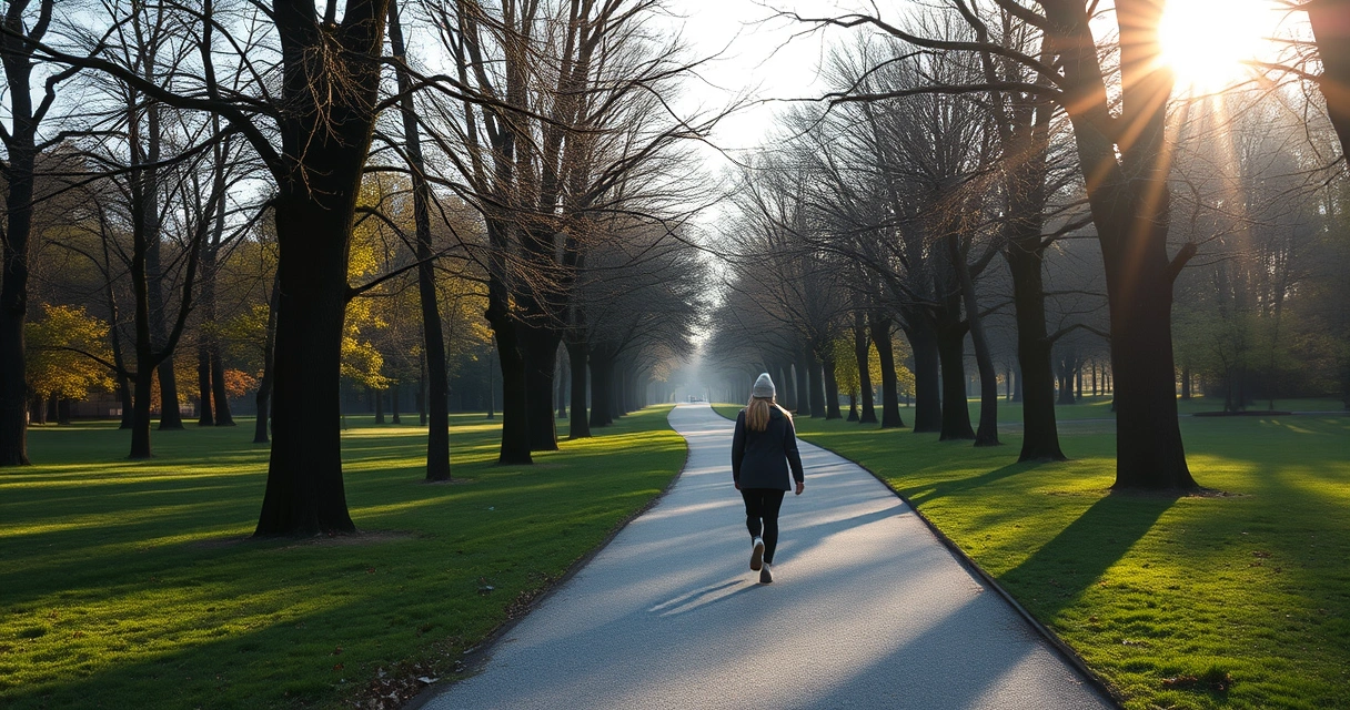 Pessoa caminhando por uma trilha de parque entre árvores