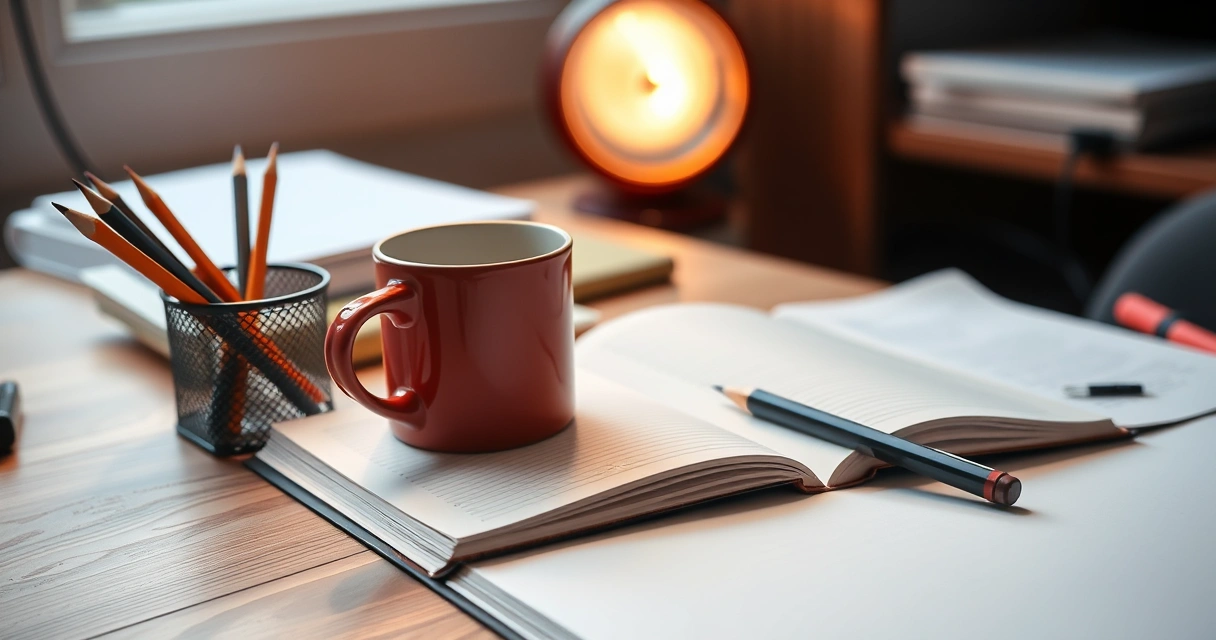 Caderno aberto, lápis e uma caneca sobre a mesa de estudo