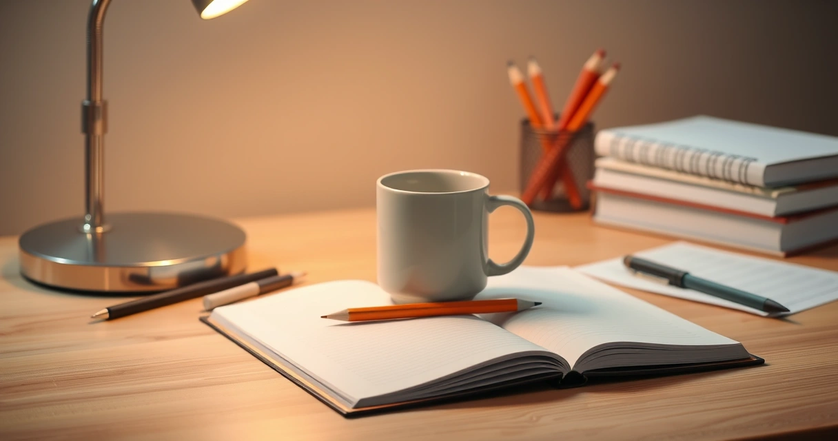 Caderno aberto, lápis e uma caneca sobre a mesa de estudo