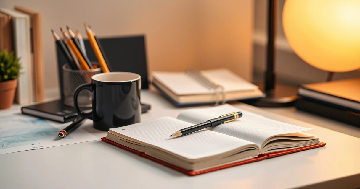 Caderno aberto, lápis e uma caneca sobre a mesa de estudo