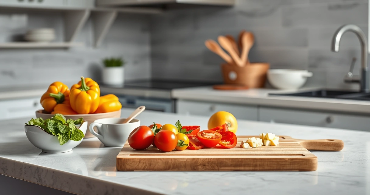 Bancada de cozinha com tábua, tigelas e legumes frescos