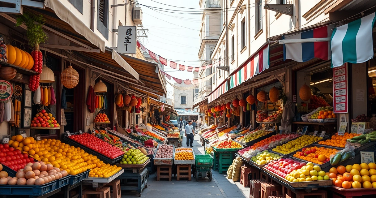Feira de rua com barracas de frutas coloridas, à luz do dia