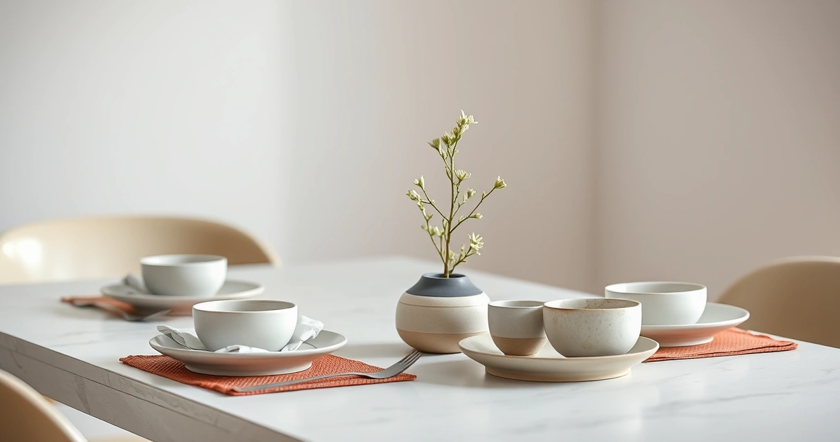 Mesa posta com louça simples e uma pequena planta