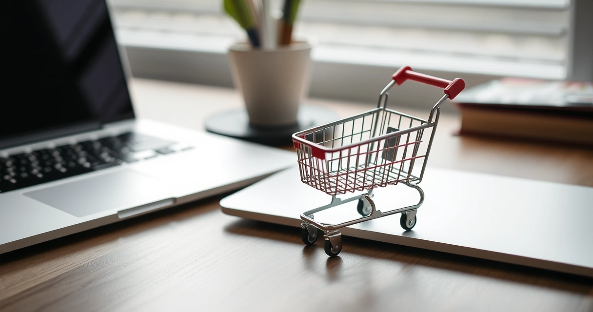 Carrinho de compras em miniatura ao lado de um notebook