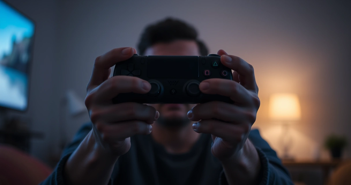 Mãos segurando um controle de videogame, com o brilho da tela ao fundo
