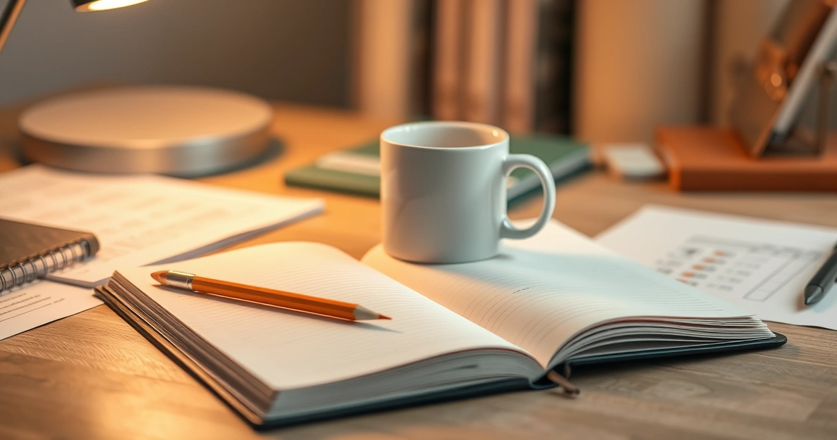 Caderno aberto, lápis e uma caneca sobre a mesa de estudo