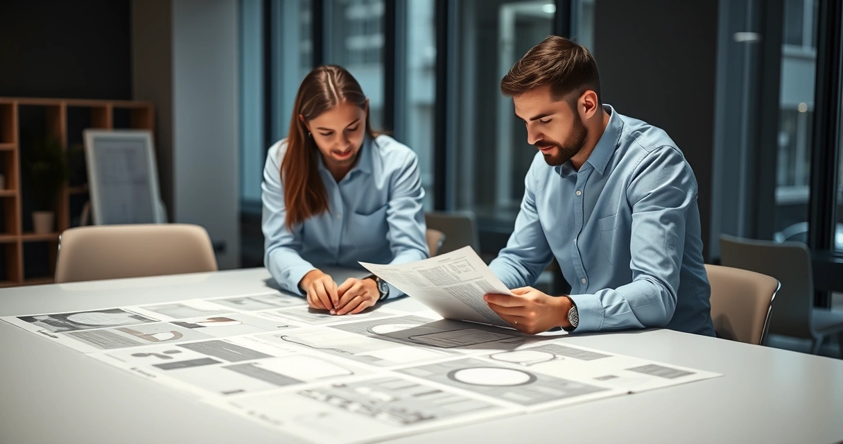 Duas pessoas analisando layouts impressos sobre uma mesa grande