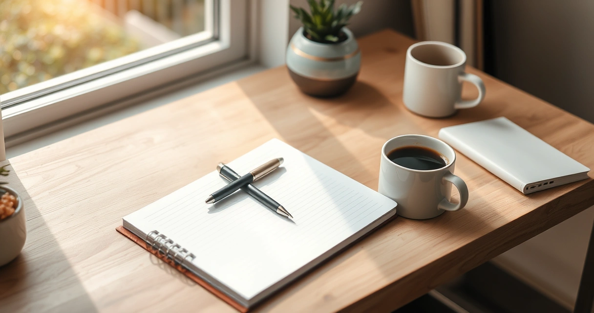 Escrivaninha organizada com caderno, caneta e xícara de café