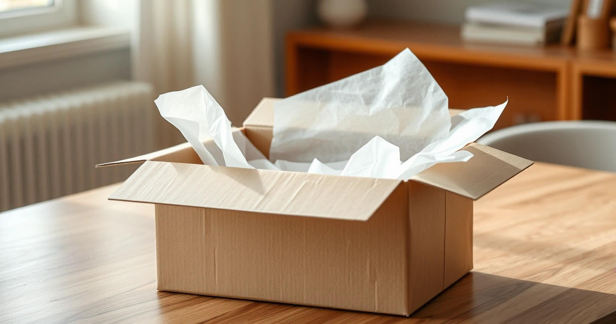 Caixa de papelão recém-aberta com papel de seda sobre a mesa