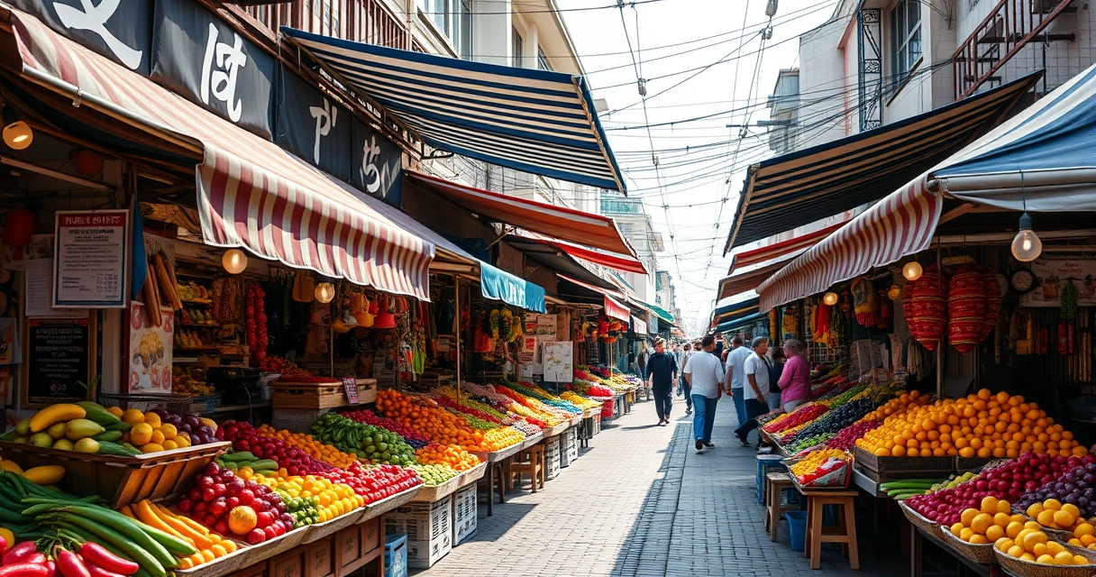 Feira de rua com barracas de frutas coloridas, à luz do dia