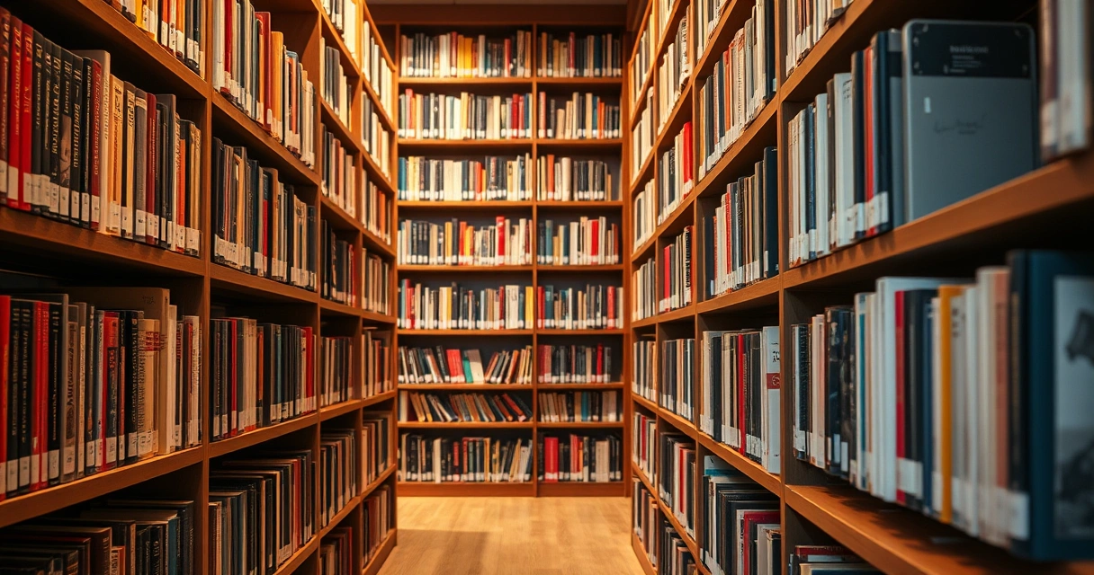 Estantes de biblioteca cheias de livros, com luz quente