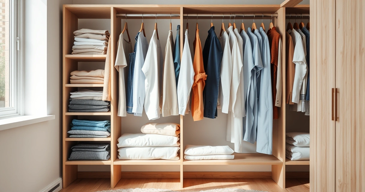 Roupas dobradas com cuidado dentro de um guarda-roupa aberto