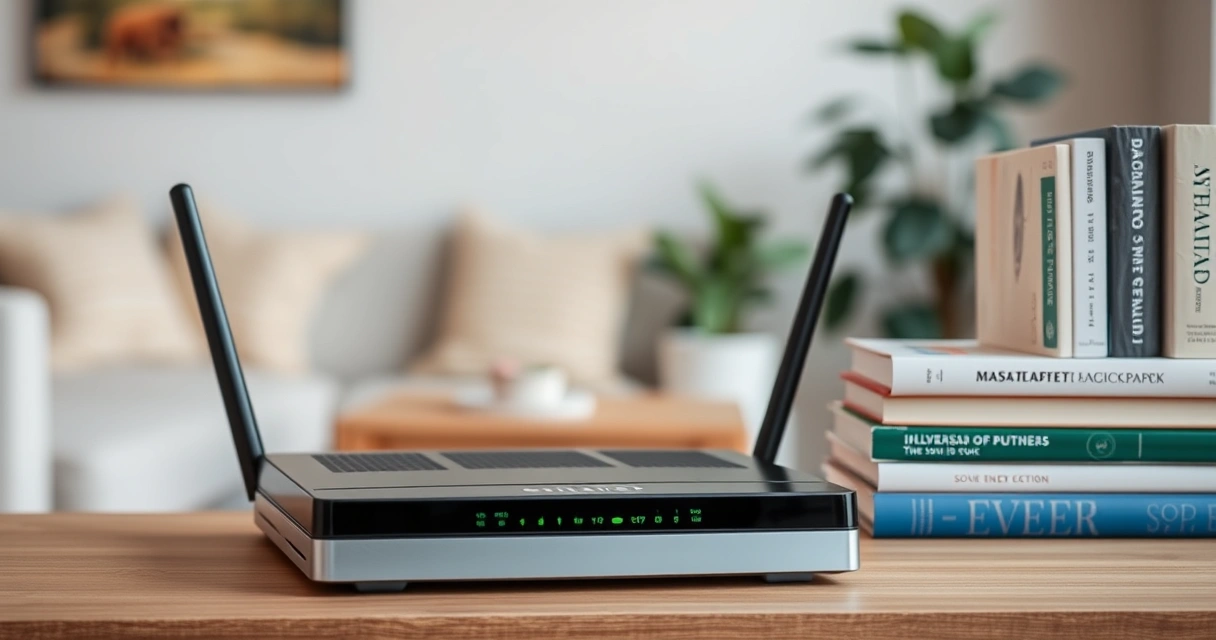 Roteador de internet numa prateleira, ao lado de livros