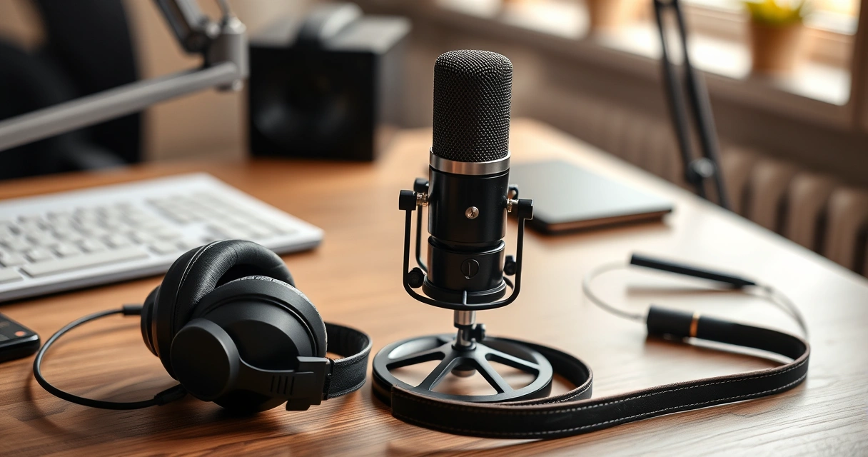 Microfone de podcast e fones de ouvido sobre a mesa
