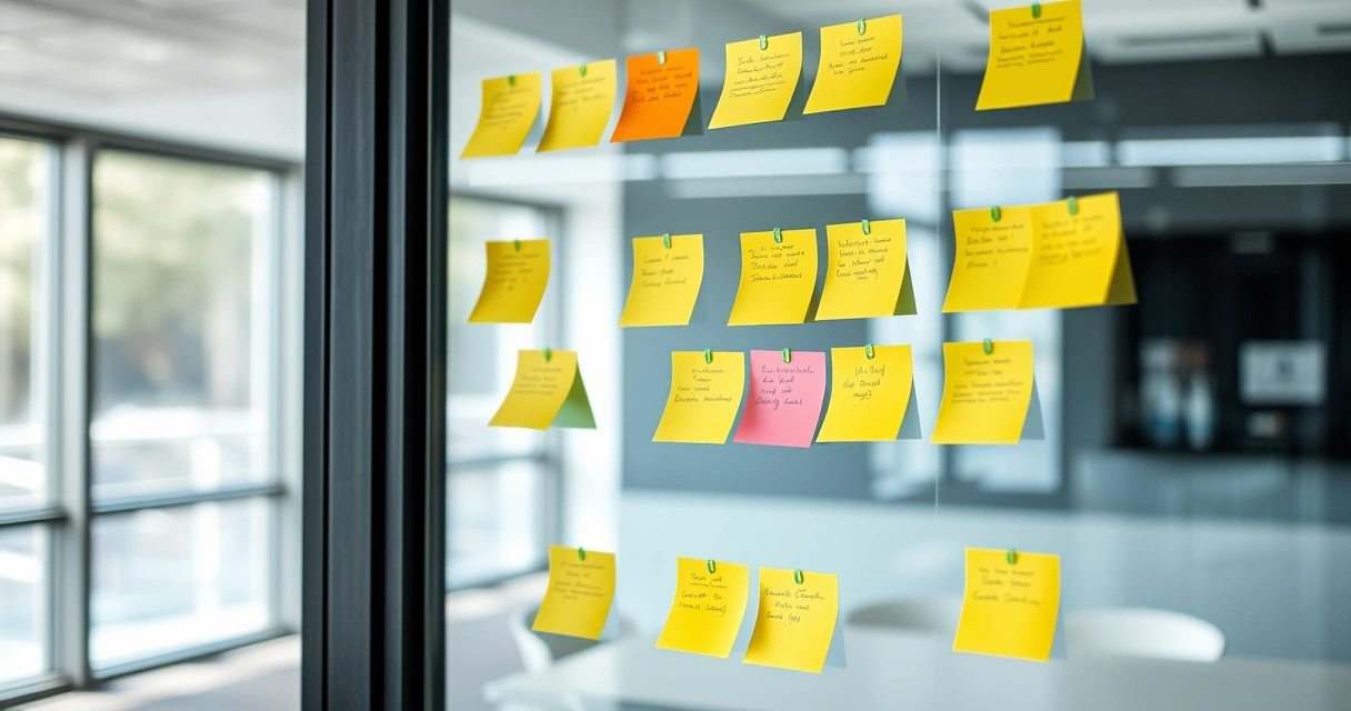 Post-its colados numa parede de vidro em sala de reunião