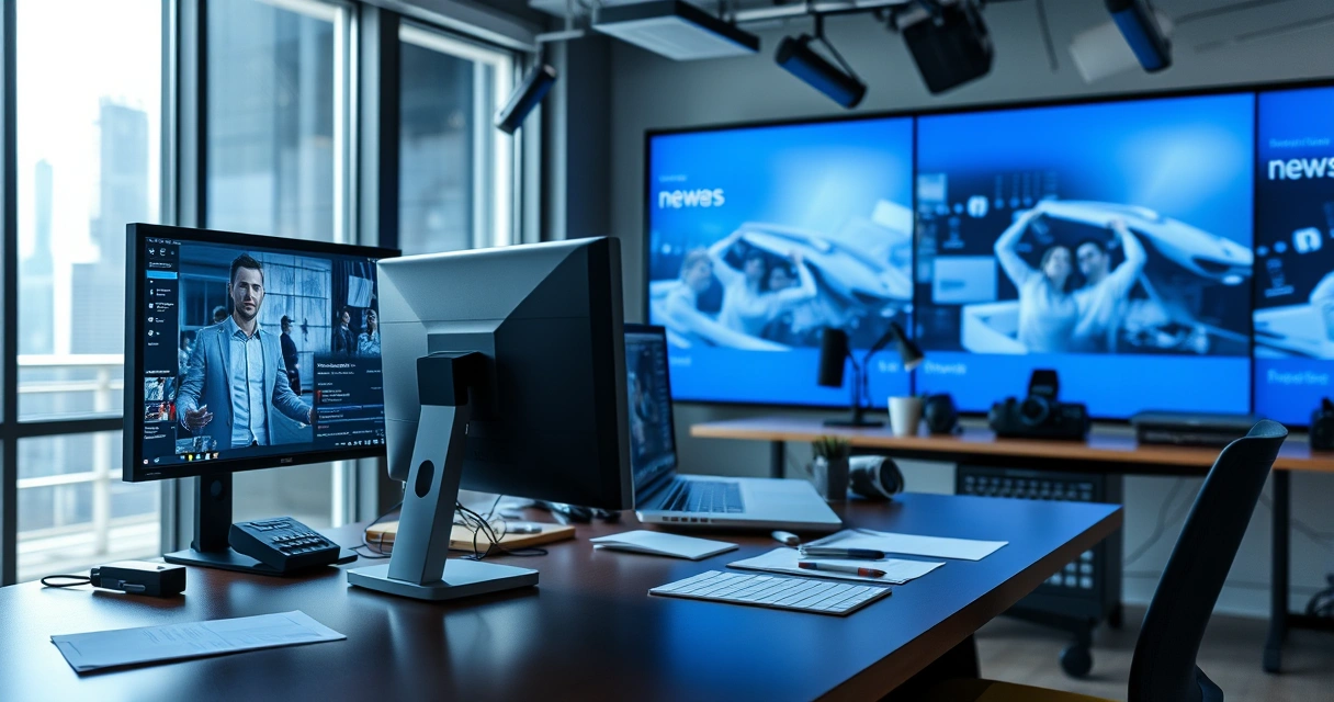 Mesa de redação com monitor e anotações, com luz do dia