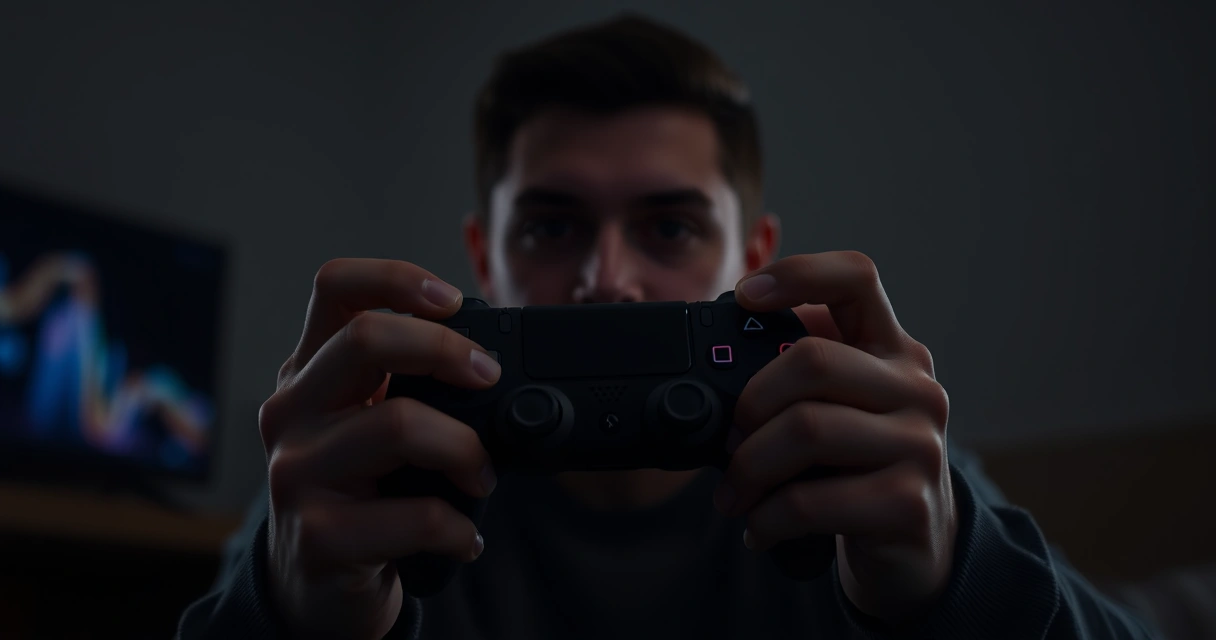 Mãos segurando um controle de videogame, com o brilho da tela ao fundo