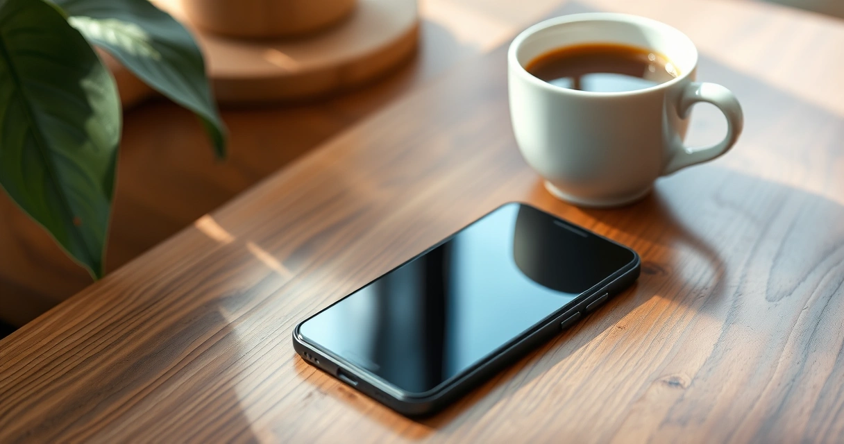 Celular sobre uma mesa de madeira, ao lado de uma xícara de café