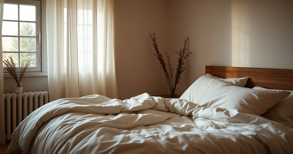 Quarto tranquilo com roupa de cama macia e luz baixa