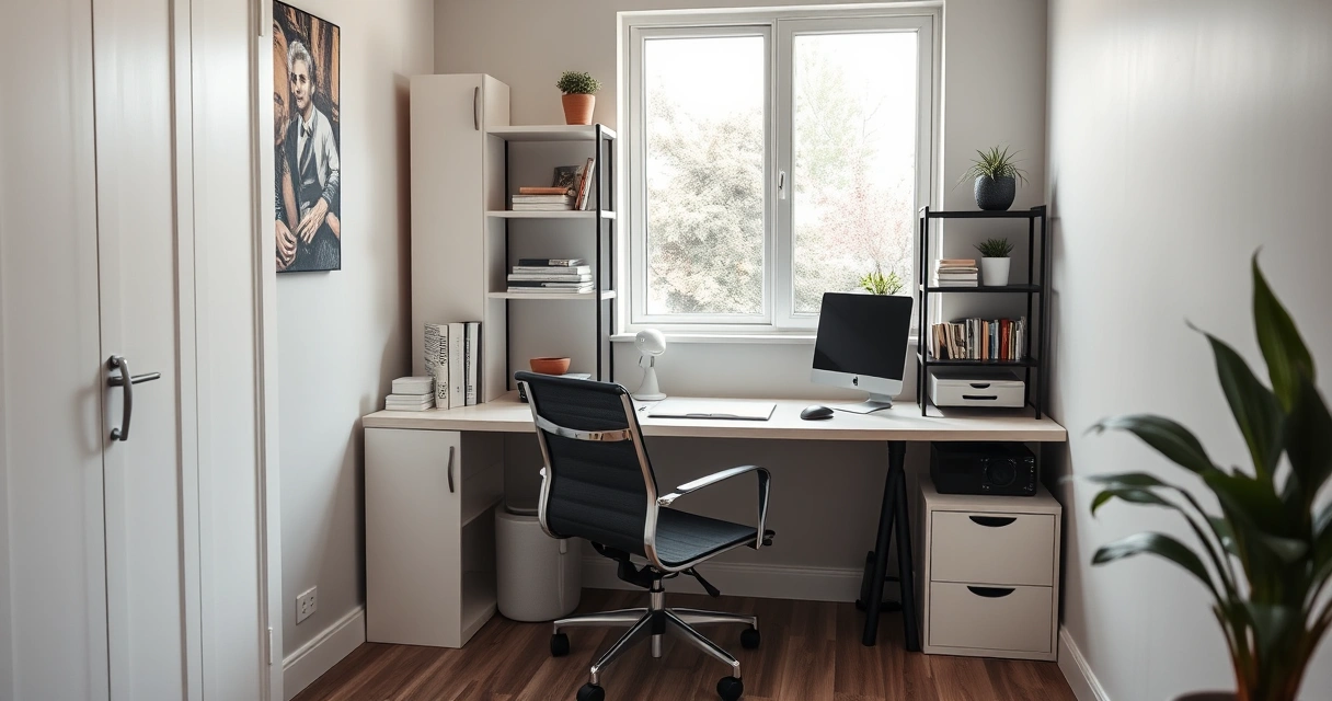Escritório compacto em casa, com mesa, cadeira e prateleiras