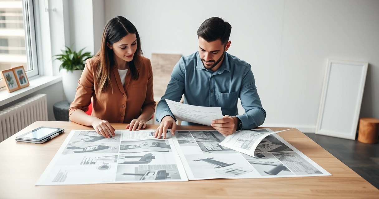 Duas pessoas analisando layouts impressos sobre uma mesa grande