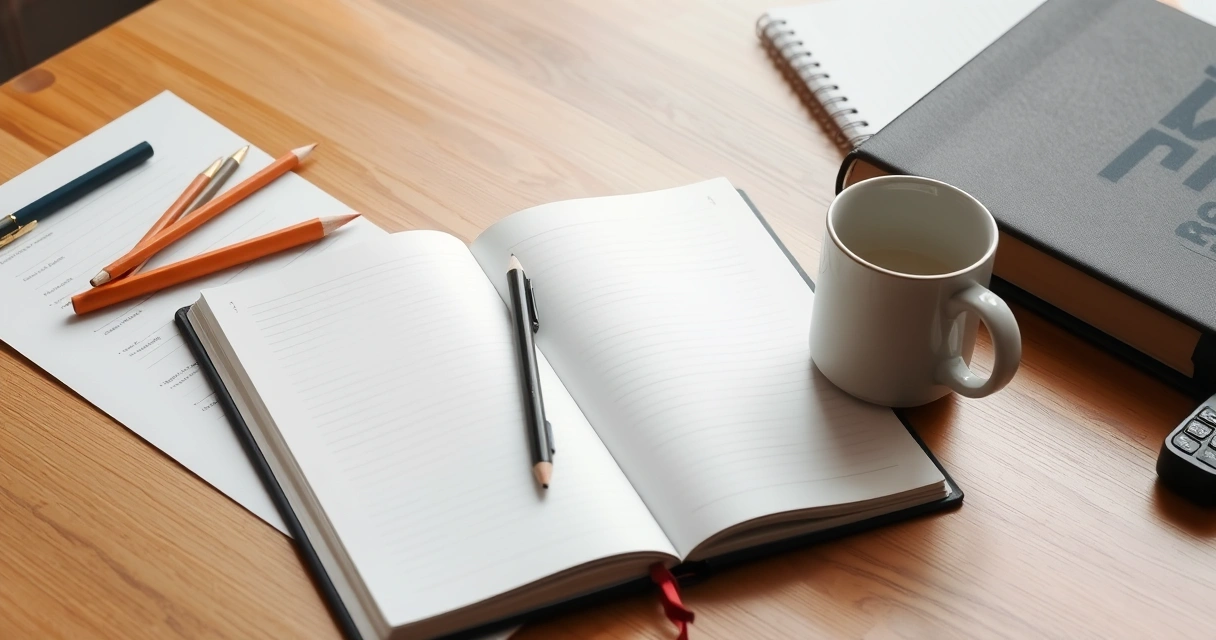Caderno aberto, lápis e uma caneca sobre a mesa de estudo